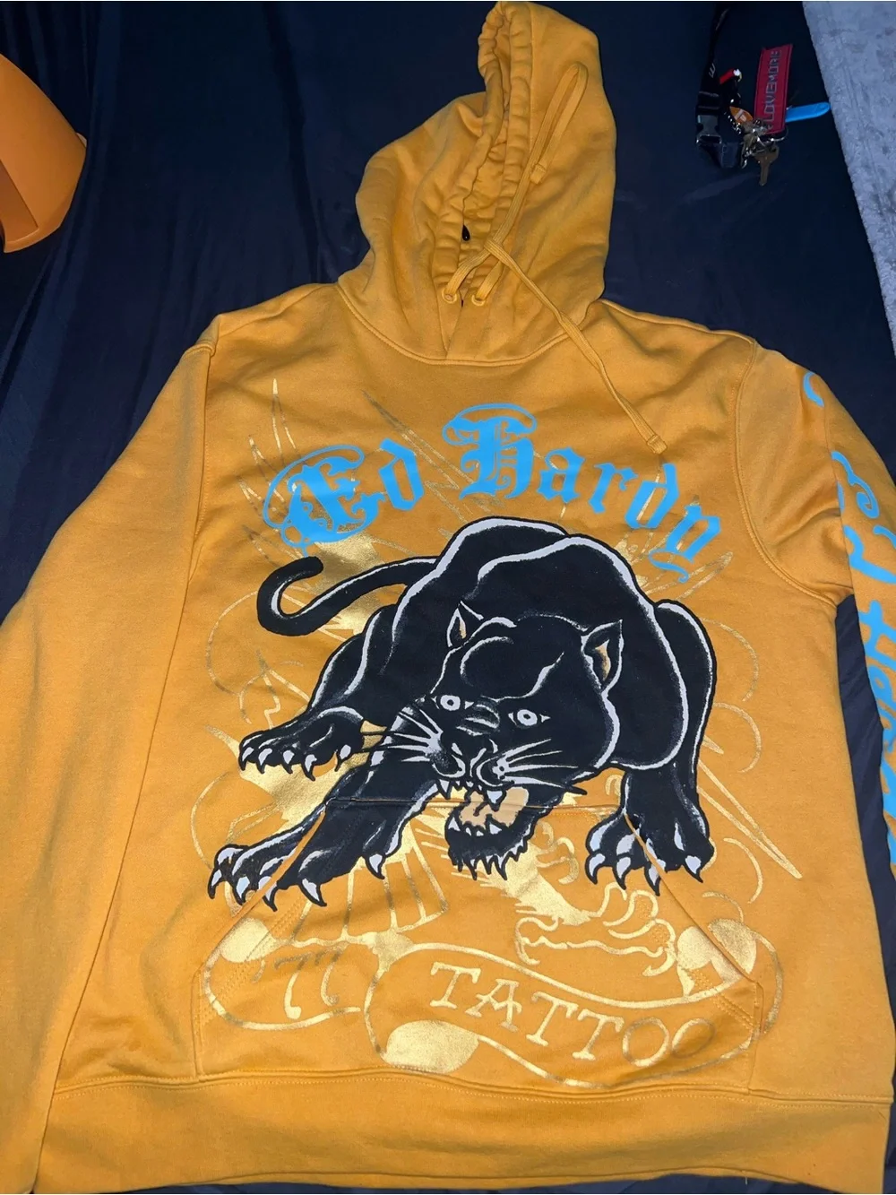 Ed Hardy Yellow Hoodie with Blue Script & Black Panther Graphic
